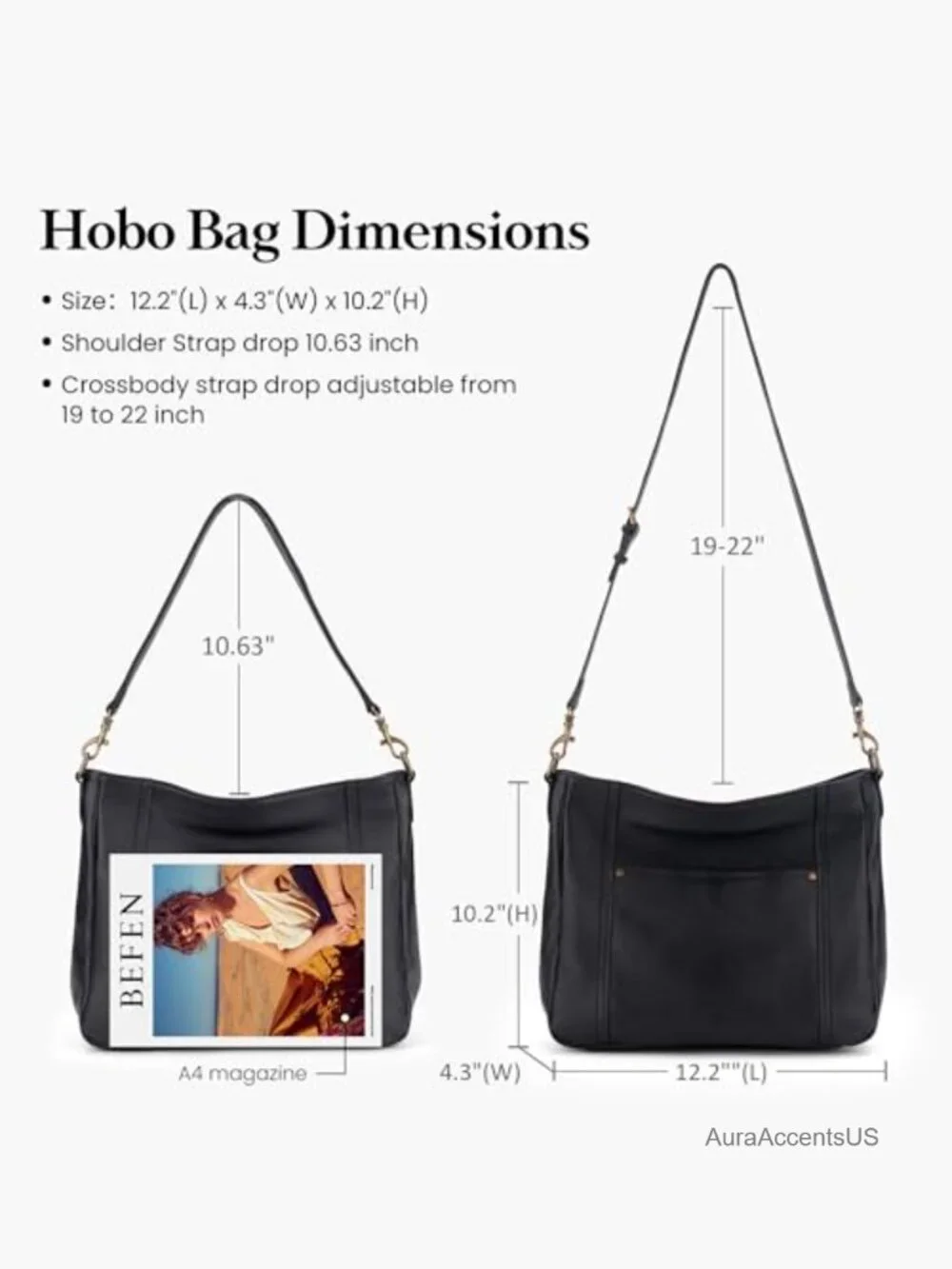 Genuine Leather Hobo Crossbody Bag with 2 Straps
